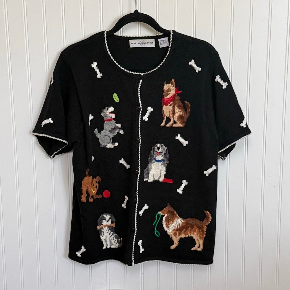 Marisa Christina Sweater Short Sleeve Button Up Dog Bones Black Women's sz L